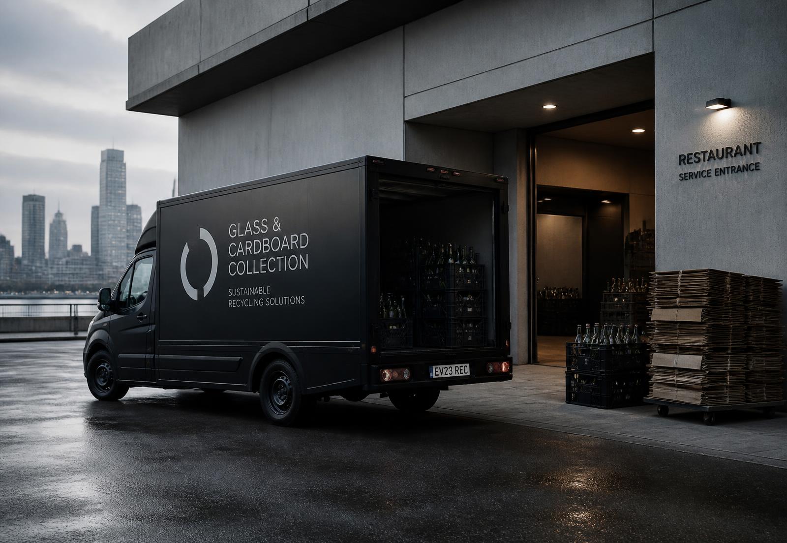 Collection vehicle at a restaurant service entrance with sorted glass crates and cardboard