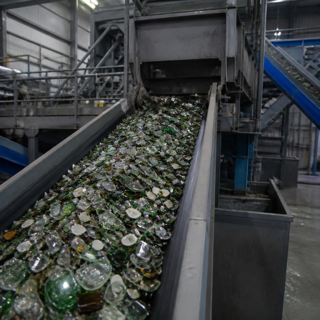 Mixed glass moving along a sorting conveyor at a recycling plant