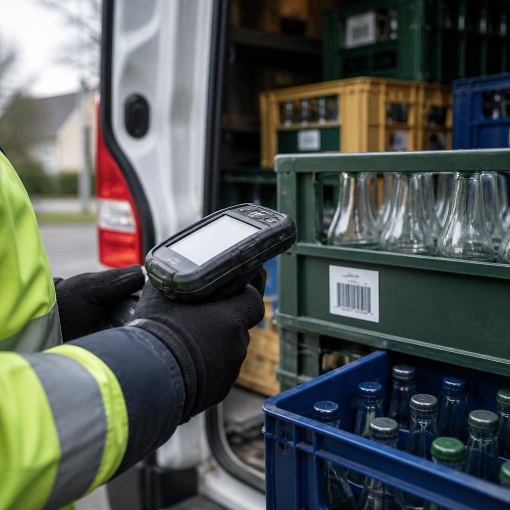 Driver scanning a crate of glass at the back of a collection van